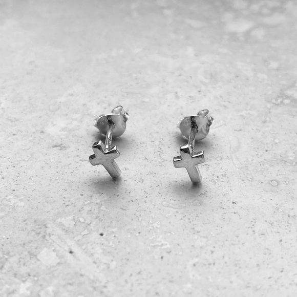 Sterling Silver Tiny Cross Earrings, Stud Earring, Silver Earrings, Religious - Picture 3 of 8